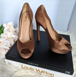 Brown Satin YSL Saint Laurent Peep Toe Heels Sz 40